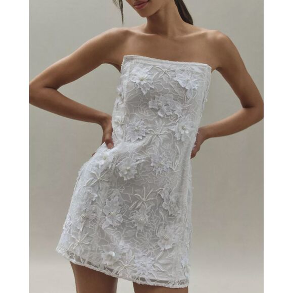 Anthropologie Dresses & Skirts - ~ BHLDN Lg 2in1 Mini Dress 3D Floral, Removable Puff-Sleeve Large Wedding Bridal